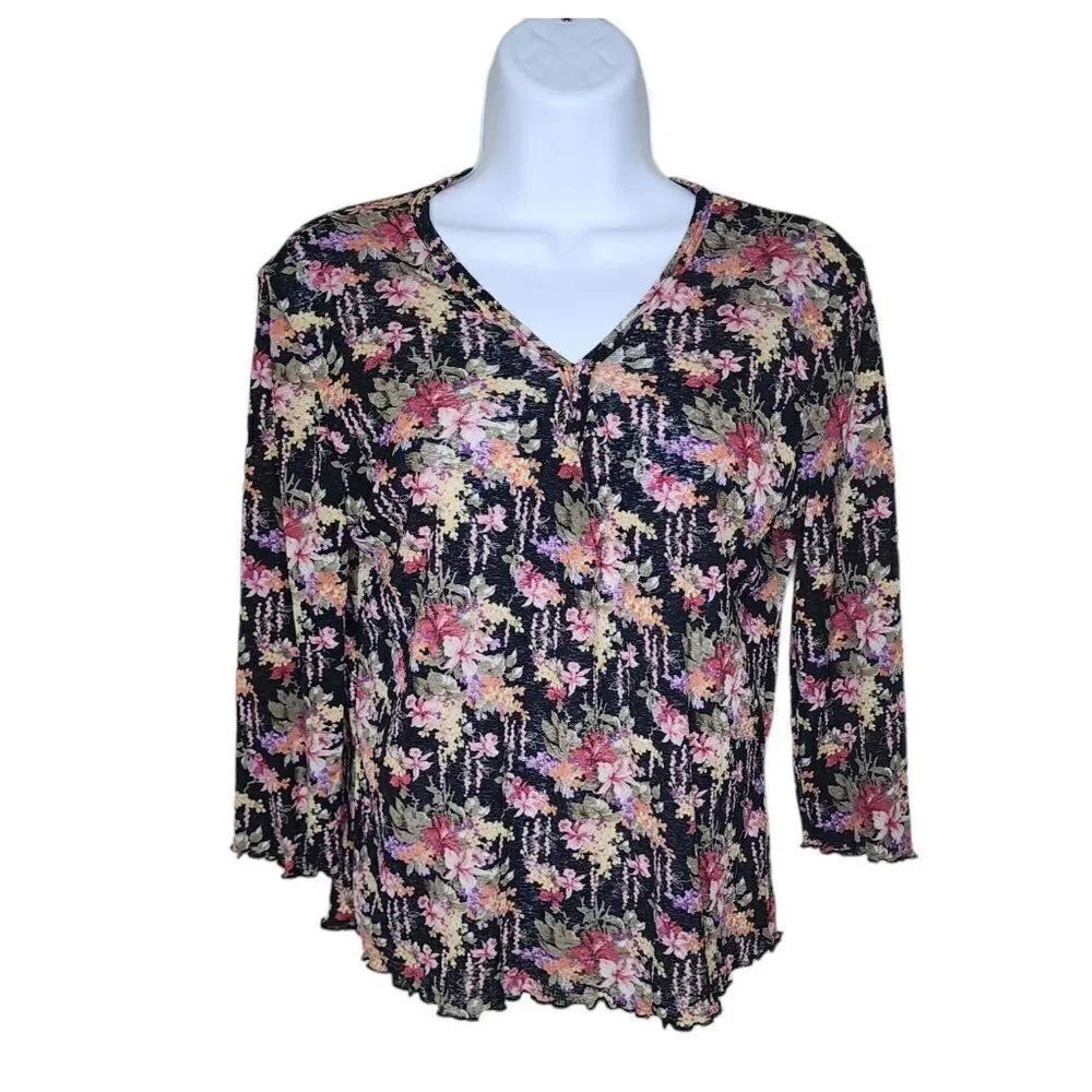 Vintage 90s Stretch Shirt Top Womens Size XS Black Floral Base Layer